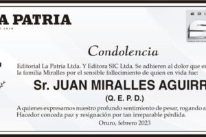 Condolencia por el fallecimiento de Juan Miralles Aguirre