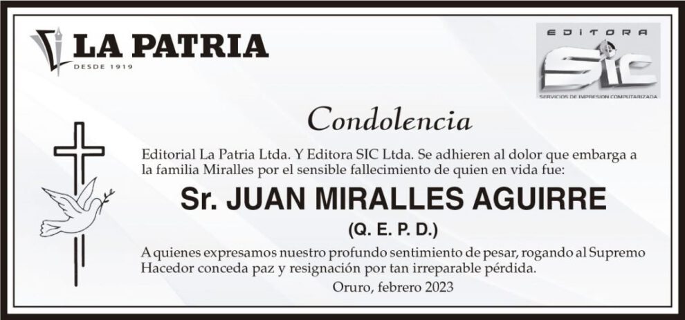 Condolencia por el fallecimiento de Juan Miralles Aguirre