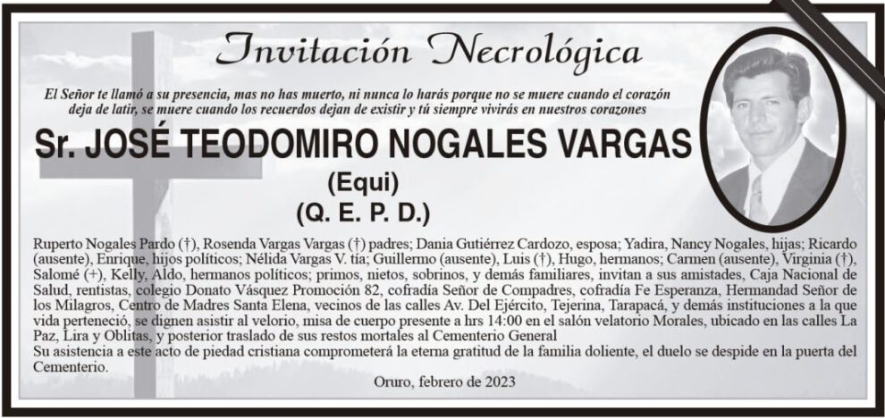 Invitación Necrológica para José Teodomiro Nogales Vargas