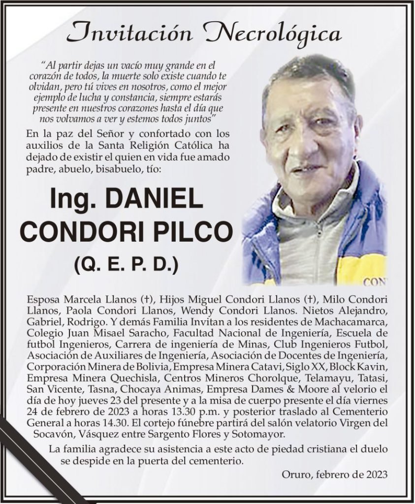 Invitación Necrológica Ing. Daniel Condori Pilco