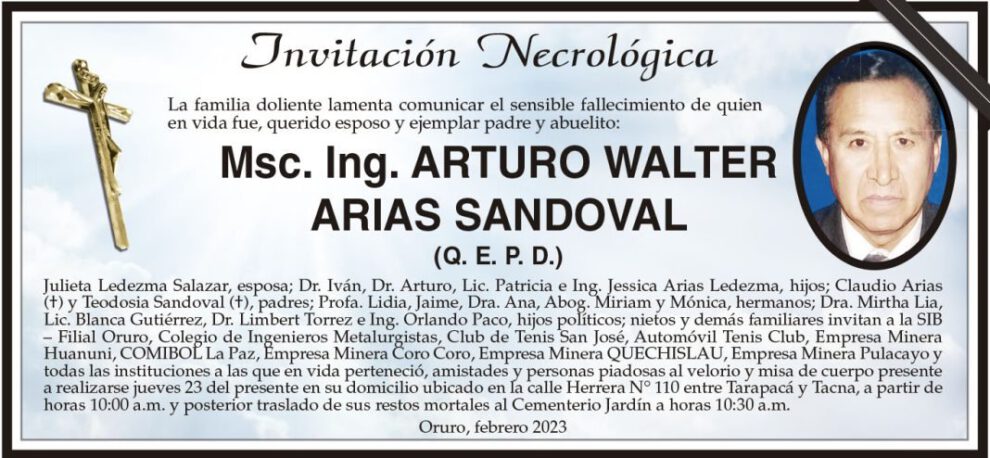 Invitación Necrológica de Arturo Walter Arias Sandoval