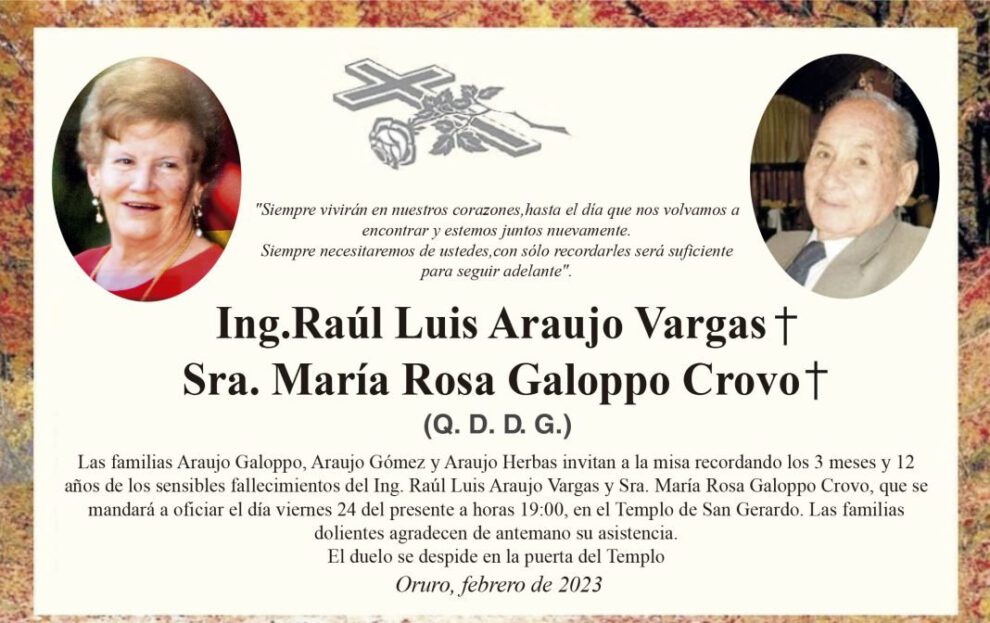 Necrológico de Ing. Raúl Luis Araujo Vargas y Sra. María Rosa Galoppo Crovo
