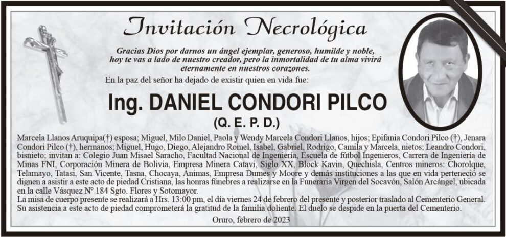 Invitación Necrológica: Ing. Daniel Condori Pilco