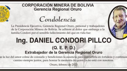 Condolencia por el fallecimiento del Ing. Daniel Condori Pillco
