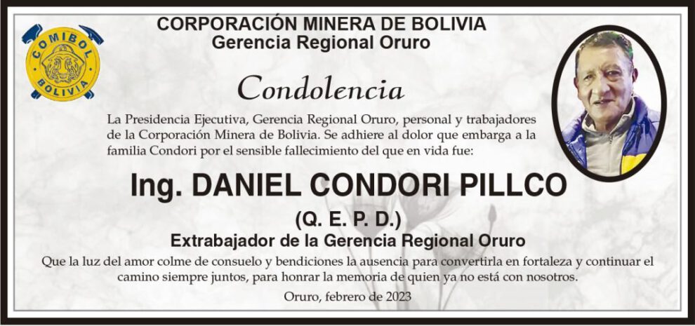 Condolencia por el fallecimiento del Ing. Daniel Condori Pillco