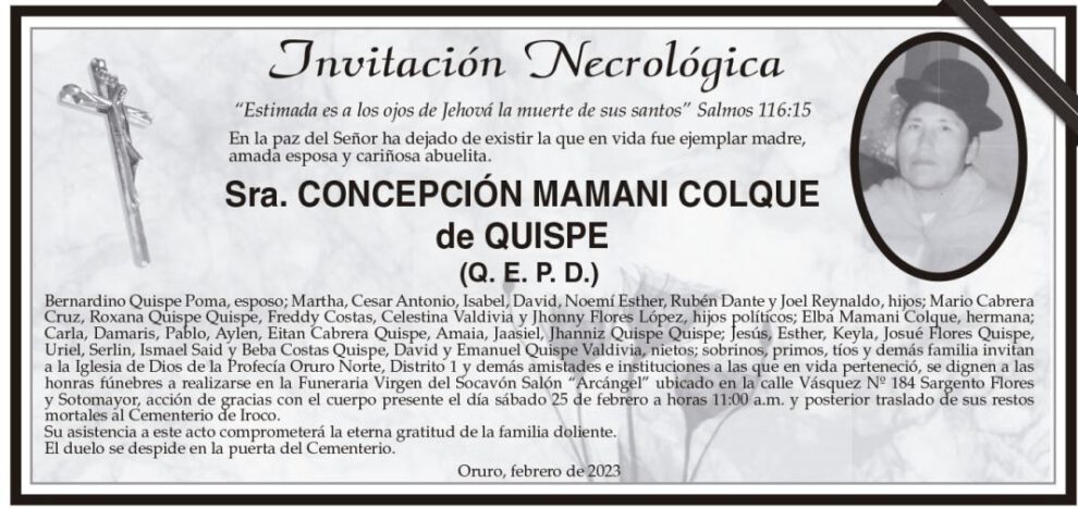 Invitación Necrológica de Concepción Mamani Colque
