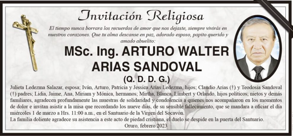 Invitación Religiosa para MSc. Ing. ARTURO WALTER ARIAS SANDOVAL