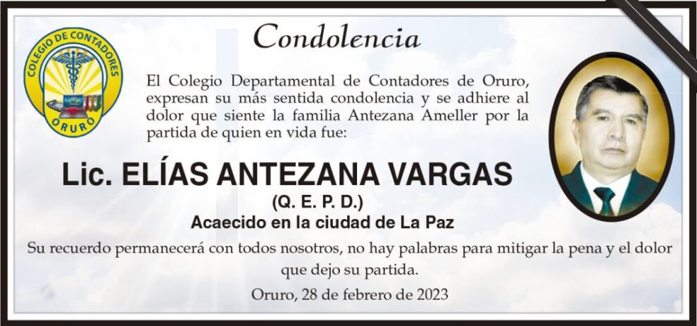 Condolencia por Lic. Elías Antezana Vargas