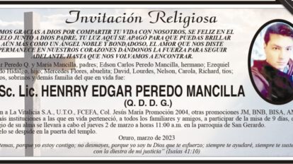 Invitación religiosa en memoria de Henrry Edgar Peredo Mancilla