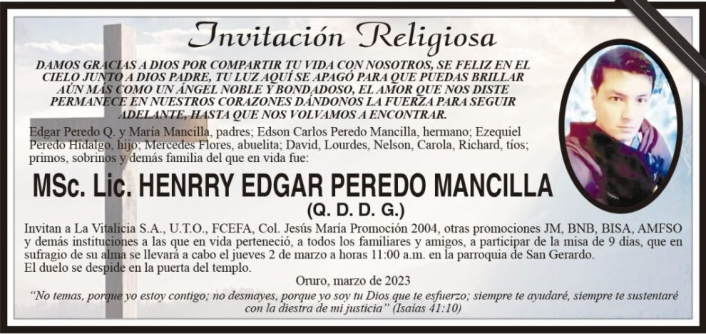 Invitación religiosa en memoria de Henrry Edgar Peredo Mancilla