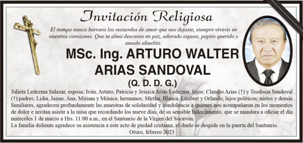 Invitación Religiosa para MSc. Ing. ARTURO WALTER ARIAS SANDOVAL