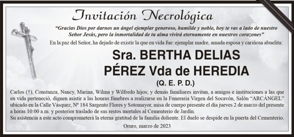 Invitación Necrológica de Bertha Delias Pérez Vda de Heredia