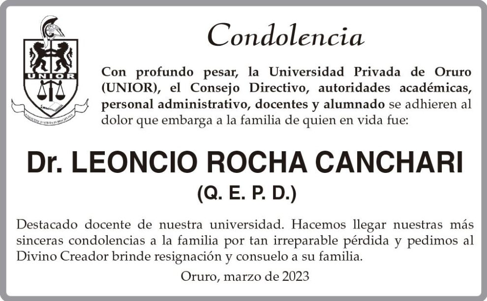 Condolencia por el fallecimiento del Dr. Leoncio Rocha Canchari