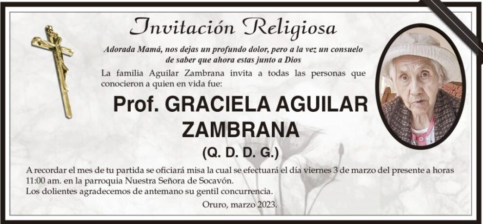 Prof. Graciela Aguilar Zambrana invitación religiosa