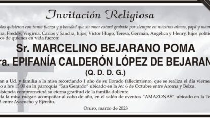 Misa en memoria de Marcelino Bejarano Poma y Epifanía Calderón López