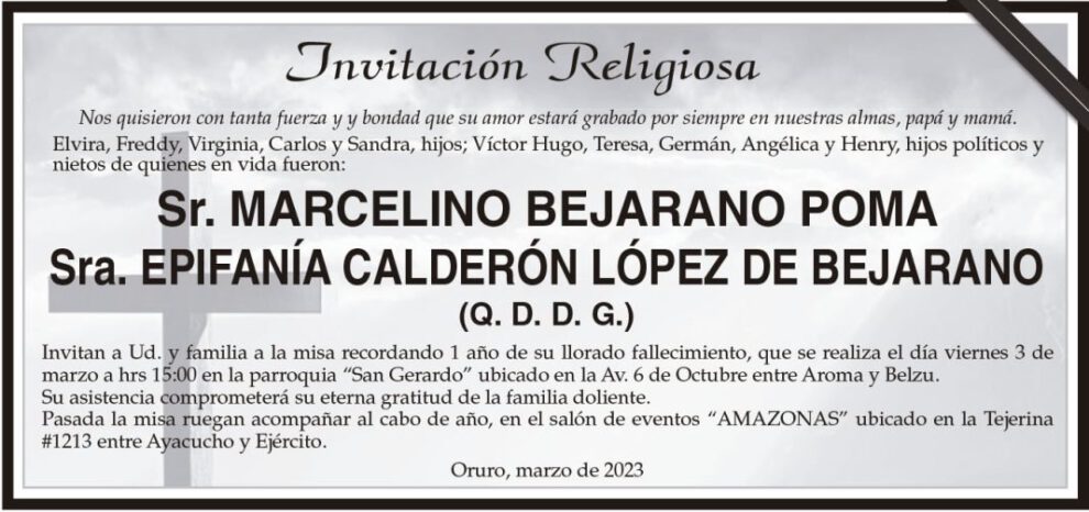 Misa en memoria de Marcelino Bejarano Poma y Epifanía Calderón López