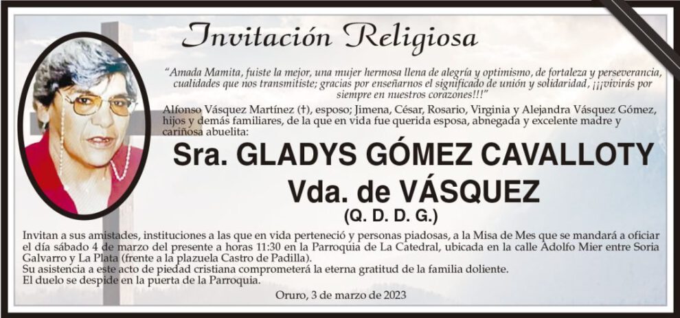 Invitación Religiosa para Gladys Gómez Cavalloty