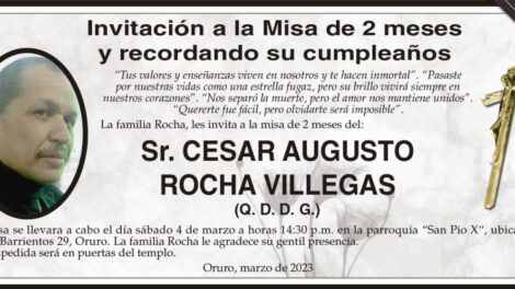 Invitación a la misa de recordación de Cesar Augusto Rocha Villegas