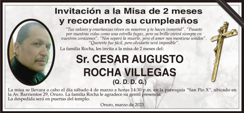 Invitación a la misa de recordación de Cesar Augusto Rocha Villegas