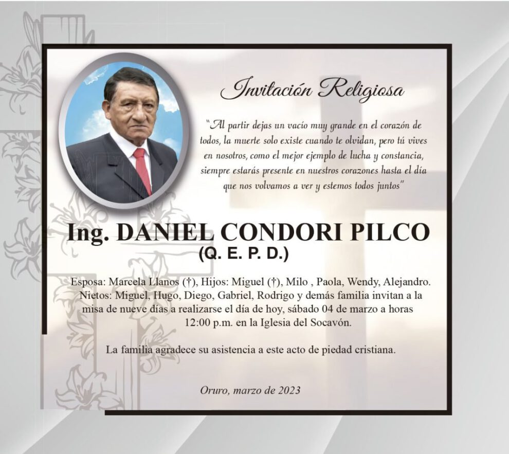 Ing. Daniel Condori Pilco, obituario y misa de nueve días