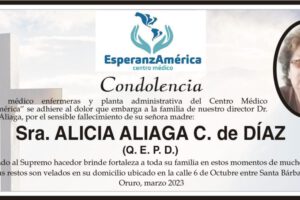 Condolencia por el fallecimiento de Alicia Aliaga C. de Díaz