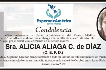 Condolencia por el fallecimiento de Alicia Aliaga C. de Díaz