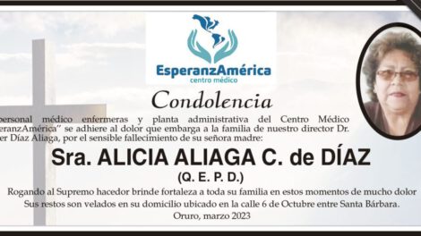 Condolencia por el fallecimiento de Alicia Aliaga C. de Díaz