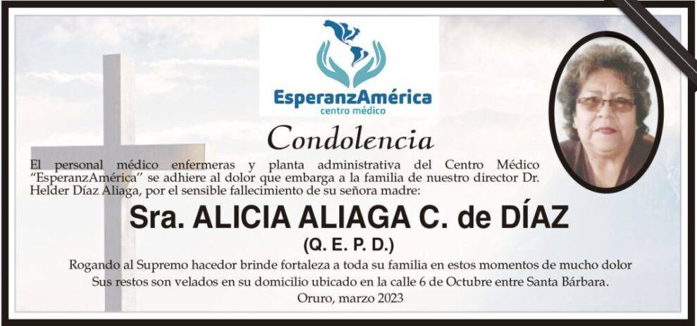 Condolencia por el fallecimiento de Alicia Aliaga C. de Díaz