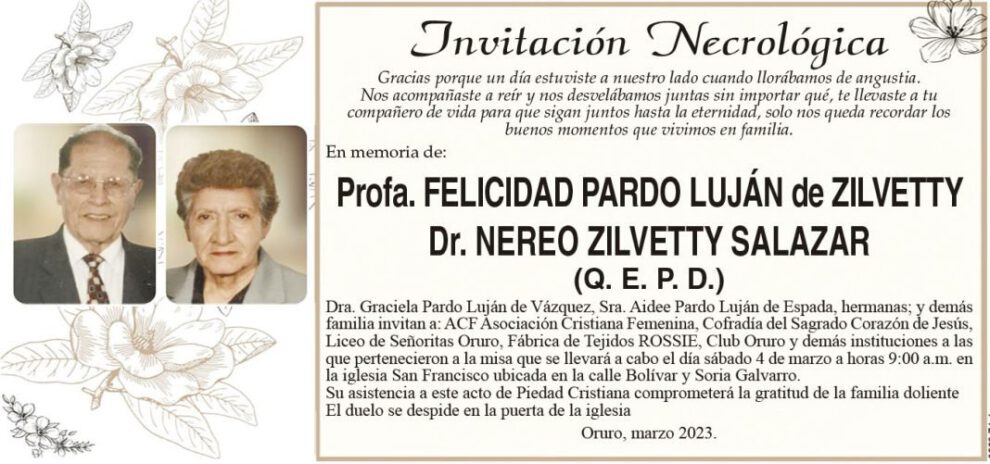 Invitación Necrológica Profa. Felicidad Pardo Luján