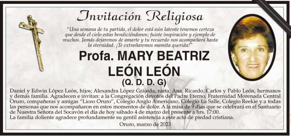Invitación religiosa para la Profa. Mary Beatriz León León