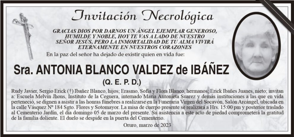 Invitación Necrológica de Antonia Blanco Valdez