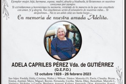 Obituario de Adela Capriles Pérez, en memoria de una madre y abuela querida