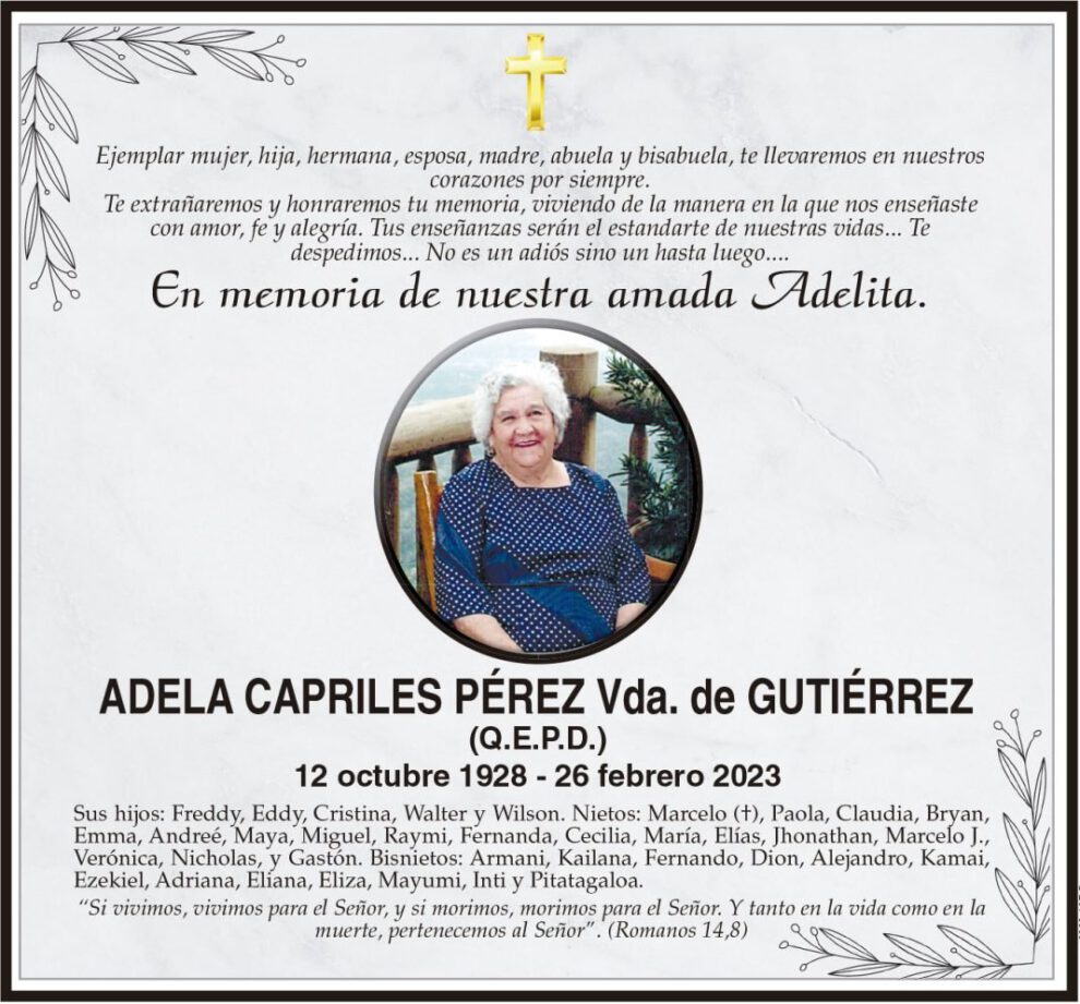 Obituario de Adela Capriles Pérez, en memoria de una madre y abuela querida