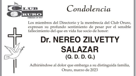 Condolencia por el fallecimiento del Dr. Nereo Zilvetty Salazar