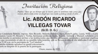 Lic. Abdon Ricardo Villegas Tovar, invitación religiosa