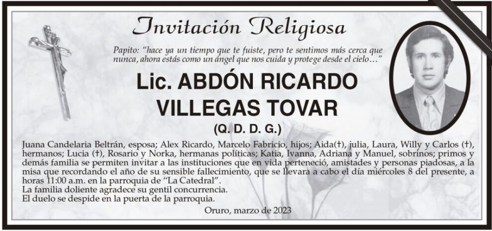 Lic. Abdon Ricardo Villegas Tovar, invitación religiosa