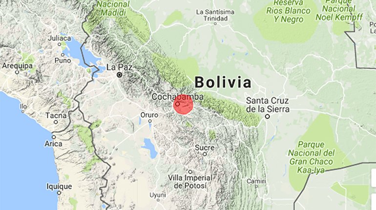Mapa de ubicación del sismo en Cochabamba