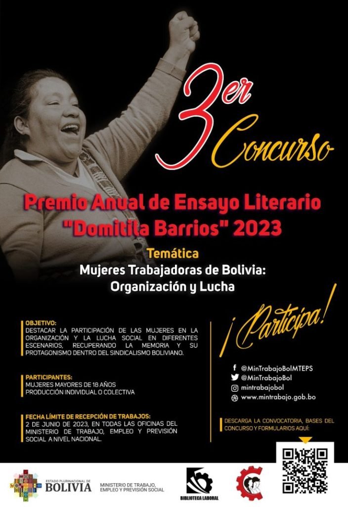 Premio Anual de Ensayo Literario 'Domitila Barrios' 2023 para destacar a mujeres trabajadoras de Bolivia