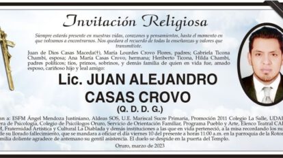 Lic. Juan Alejandro Casas Crovo, invitación religiosa y misa recordatoria