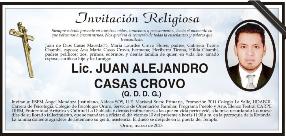 Lic. Juan Alejandro Casas Crovo, invitación religiosa y misa recordatoria
