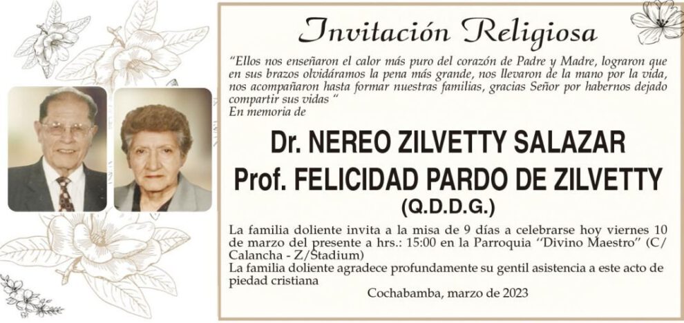 Invitación Religiosa en memoria de Dr. Nereo Zilvetty Salazar