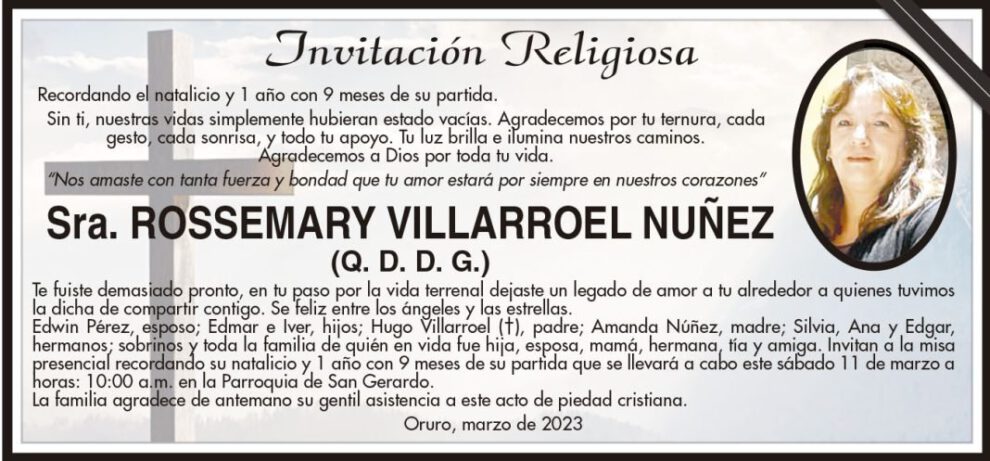 Invitación Religiosa en memoria de Rossemary Villarroel Nuñez