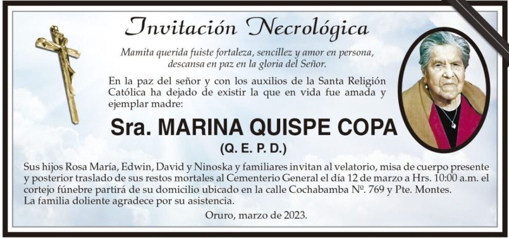 Invitación Necrológica para Marina Quispe Copa
