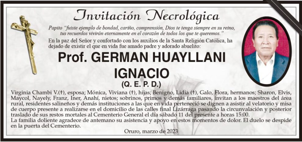 Invitación Necrológica: Prof. German Huayllani Ignacio