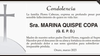 Condolencia por el fallecimiento de Marina Quispe Copa