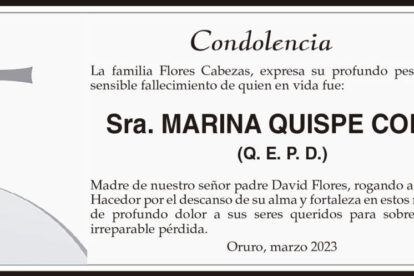 Condolencia por el fallecimiento de Marina Quispe Copa