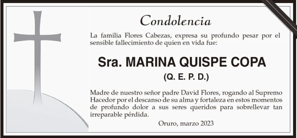Condolencia por el fallecimiento de Marina Quispe Copa