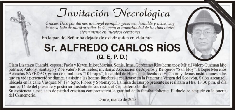 Invitación Necrológica para Alfredo Carlos Ríos