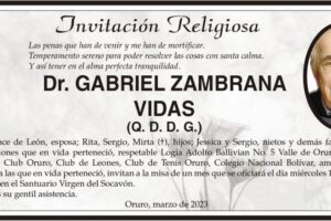 Invitación religiosa para la misa de un mes en honor al Dr. Gabriel Zambrana Vidas