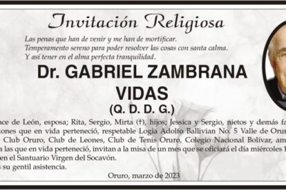 Invitación religiosa para la misa de un mes en honor al Dr. Gabriel Zambrana Vidas